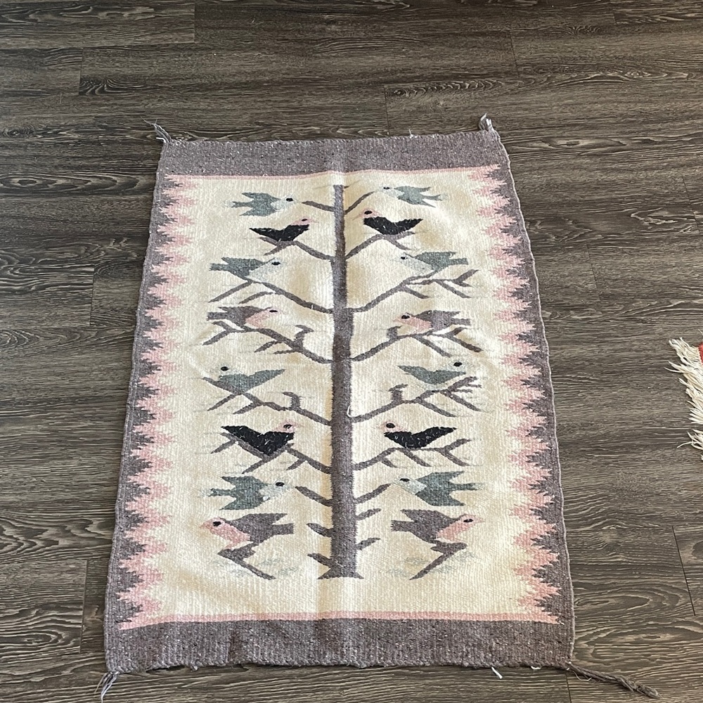 Vintage Handwoven Bird Tree Wool Rug or Wall Decor